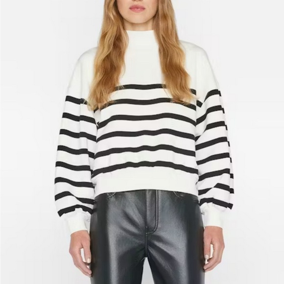 FRAME mock neck sweater balloon sleeve sweatshirt striped ribbed french terry - Picture 7 of 13